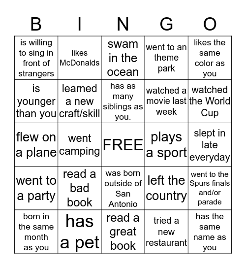 Getting to Know You Bingo Card