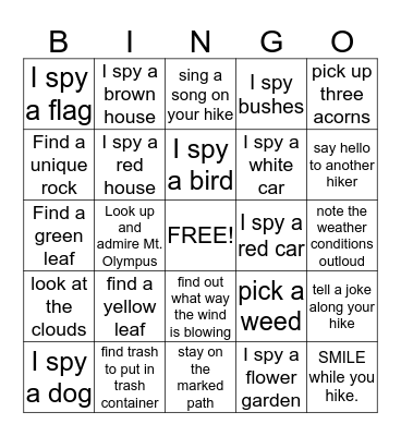 Cub Scout Hiking Bingo Card