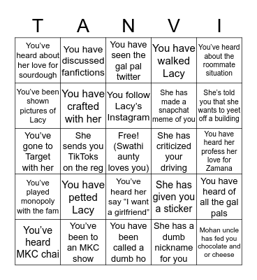 How well do you know Tanvi Bingo Card