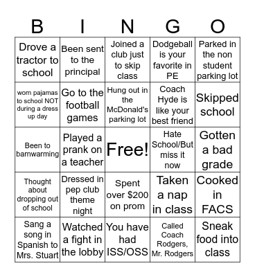 MGHS School Bingo Card