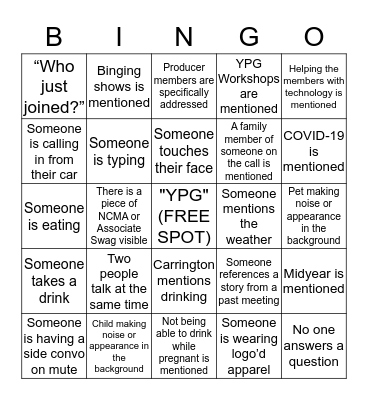 NCMA YPG Conference Call Bingo Card