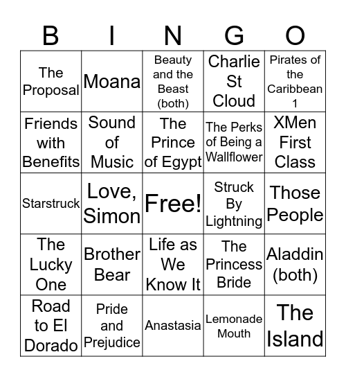 Tee's Fave Movies Bingo Card