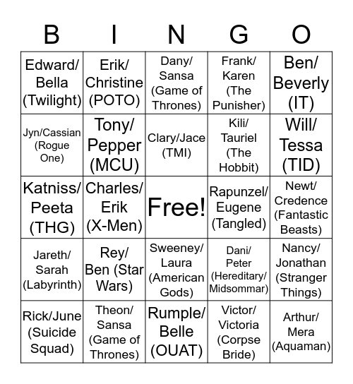 Jenna's Favorite Ships Bingo Card