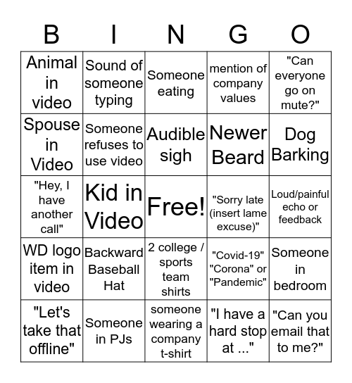 Video Conference Bingo Card