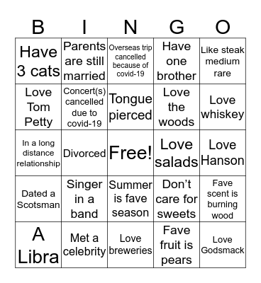 Sey’s Bingo Card