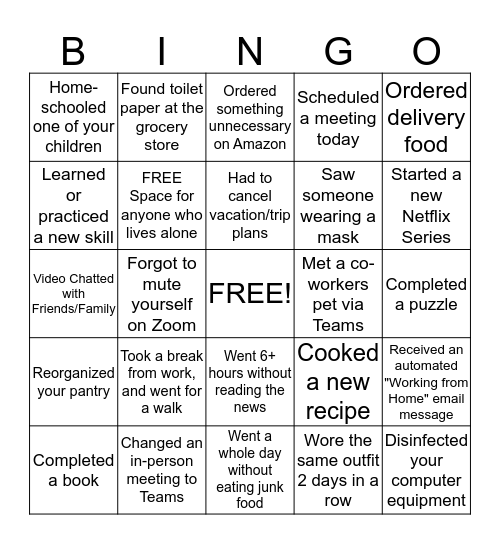 COVID-19 Work from Home Bingo Card