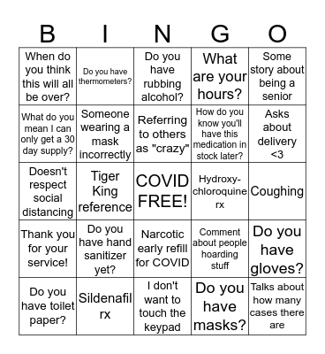 Pharmacy COVID Bingo Card