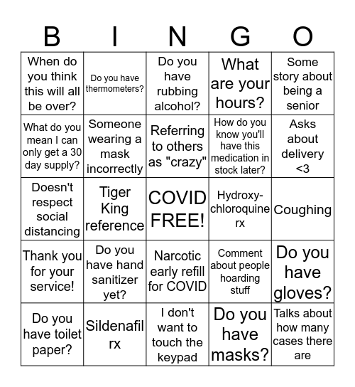 Pharmacy COVID Bingo Card