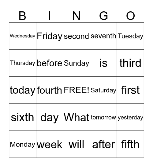 Days Bingo Card