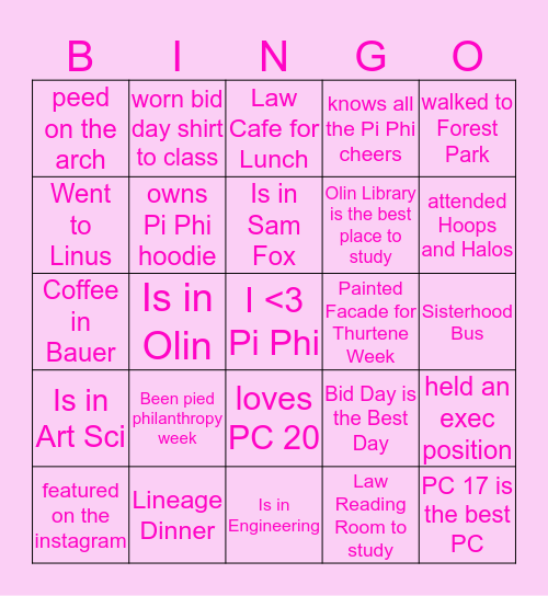 Pi Phi loves Bingo Card