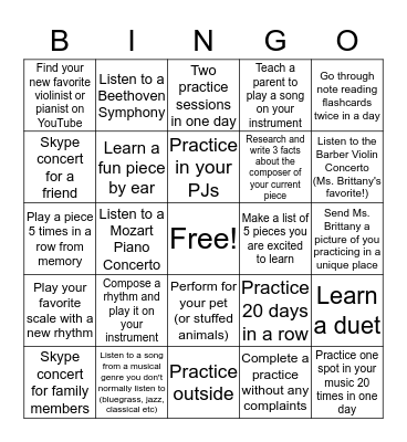 Ms. Brittany's Quarantine Practice Bingo Card