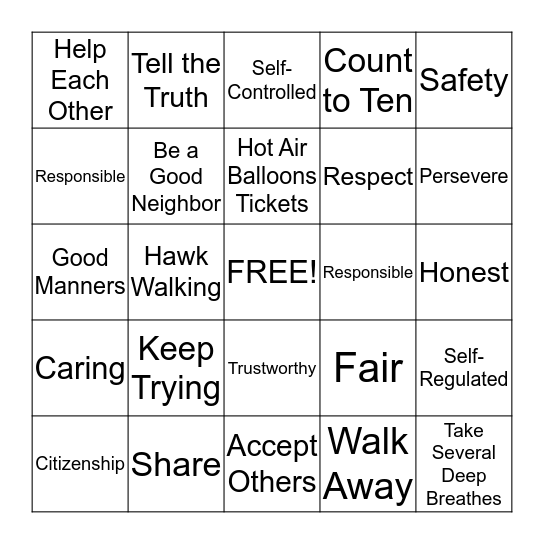 Making Character Count Bingo Card