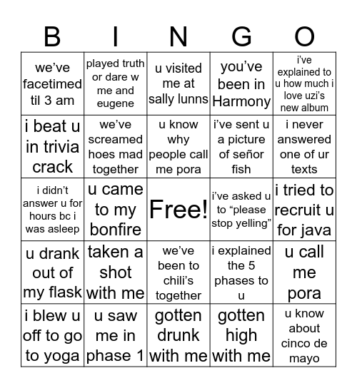 Olivia’s Bingo Card