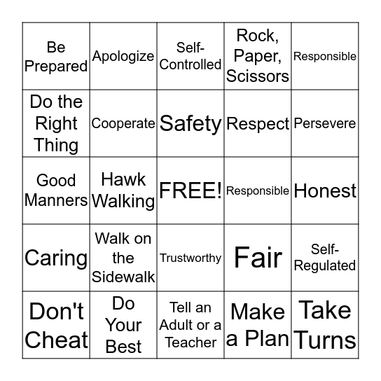 Making Character Count Bingo Card