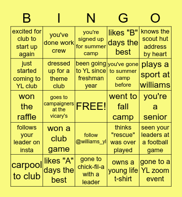 WILLIAMS YOUNG LIFE BINGO Card