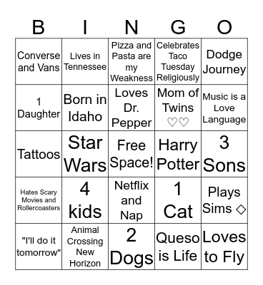 CRYSTAL Bingo Card