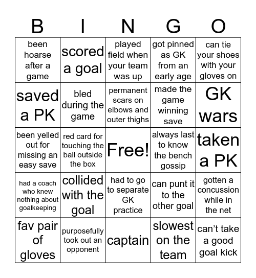 GOALKEEPERS Bingo Card