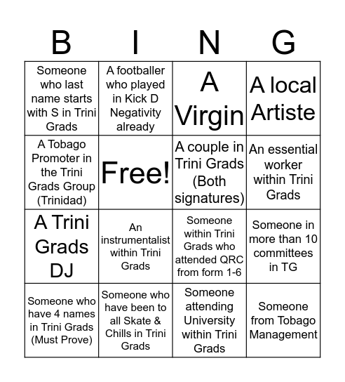 Trini Grads Bingo Card