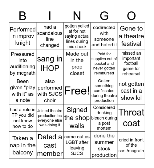 SJCS theatre bingo Card