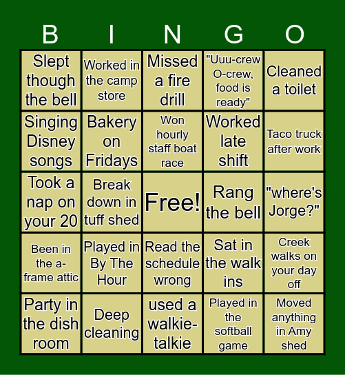 Caz hourly staff BINGO Card