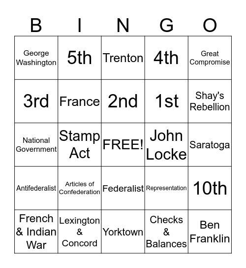 Unit 2 Review Bingo Card