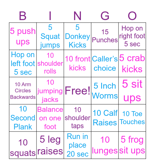 Fitness Bingo Card