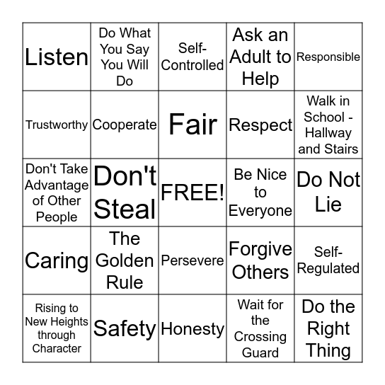 Making Character Count Bingo Card