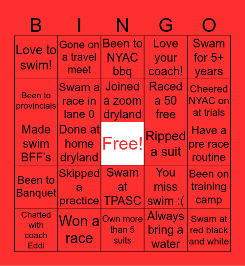 NYAC Bingo! Bingo Card