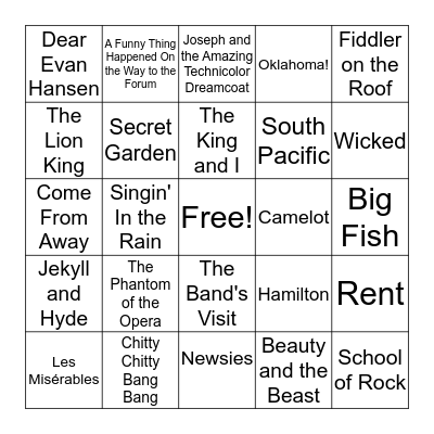 Musical Theatre Song Challenge Bingo Card