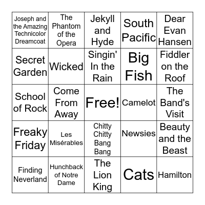 Musical Theatre Song Challenge Bingo Card