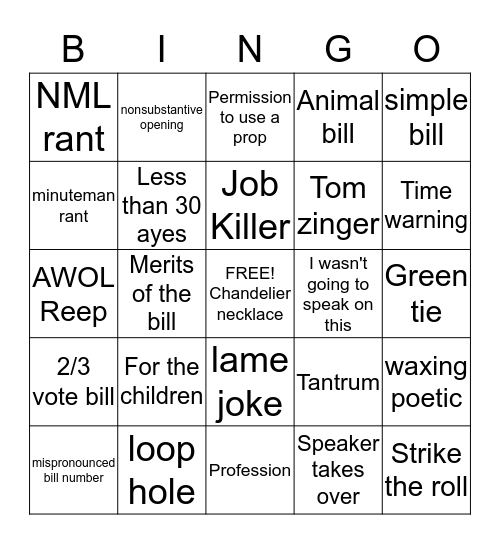 End of Session Bingo Card