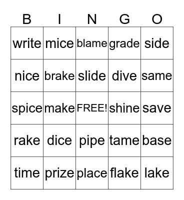 Long a & i Bingo Card