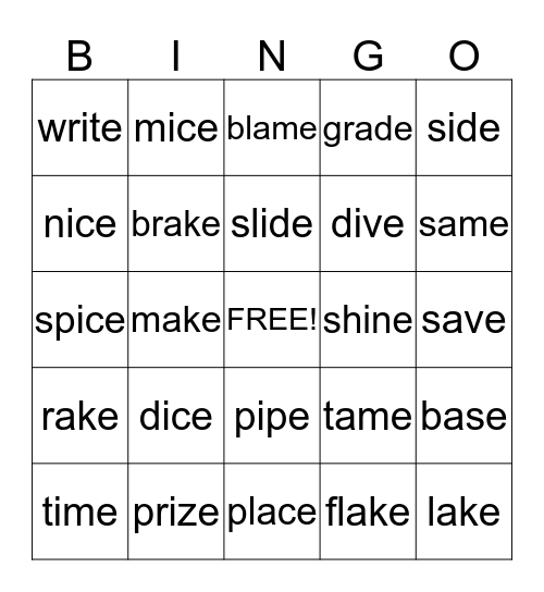 Long a & i Bingo Card