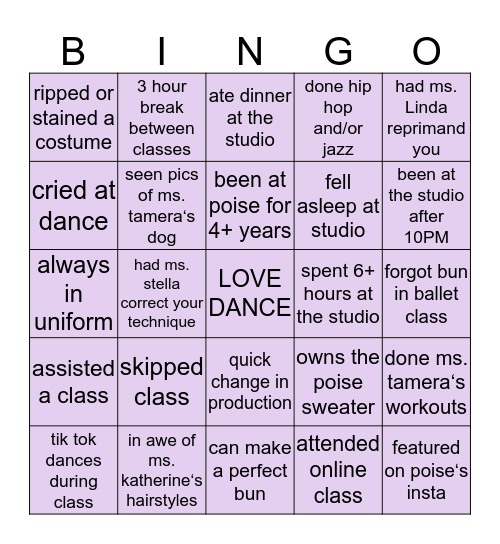 Poise Bingo Card