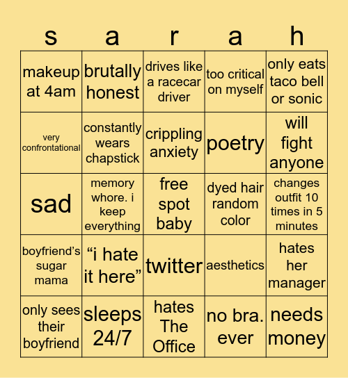 sarah Bingo Card