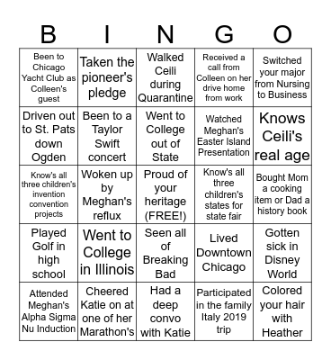 King Family Bingo Card
