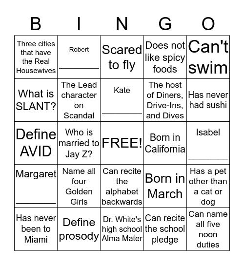 Getting to know you Bingo Card