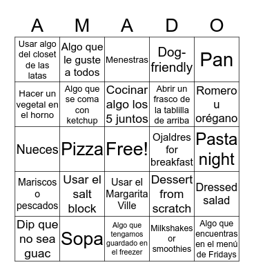 A MAD DOG Family Cooking Challenge Bingo Card