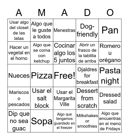 A MAD DOG Family Cooking Challenge Bingo Card