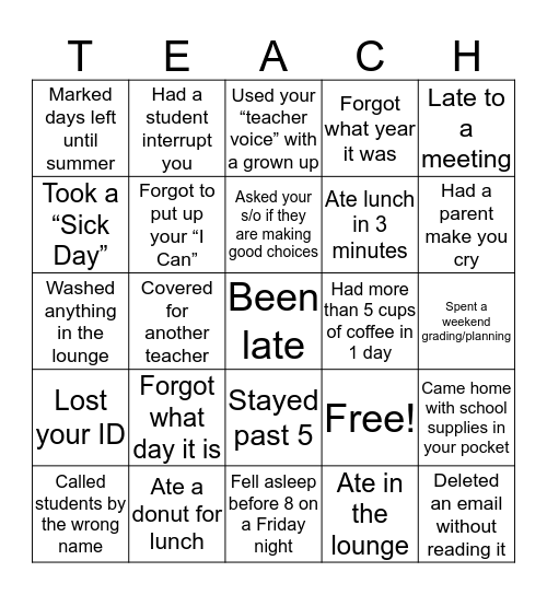 Teacher bingo!! Bingo Card