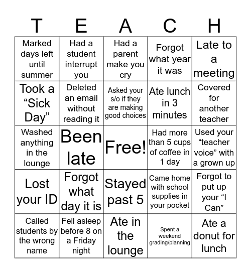 Teacher bingo!! Bingo Card