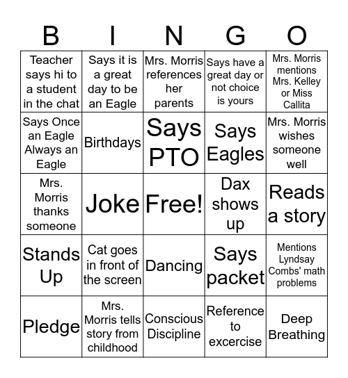 Morning Announcement Bingo Card