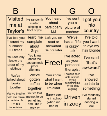 Olivia’s Bingo Card