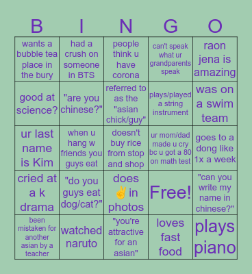 Asian in Glastonbury Bingo Card