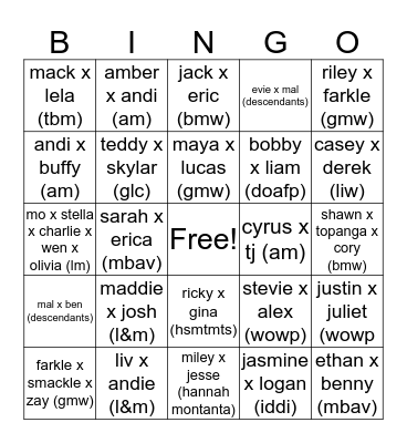 charlie's fave disney channel ships Bingo Card