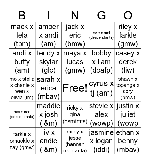 charlie's fave disney channel ships Bingo Card
