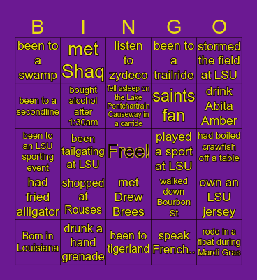 A True Louisiana  Native Bingo Card