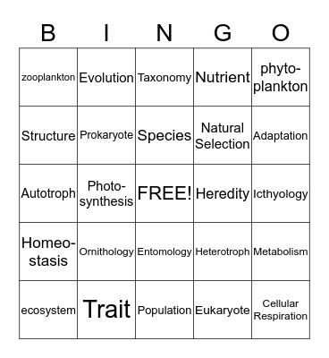 Introductory Zoology Vocabulary Bingo Card