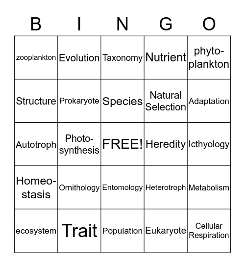 Introductory Zoology Vocabulary Bingo Card