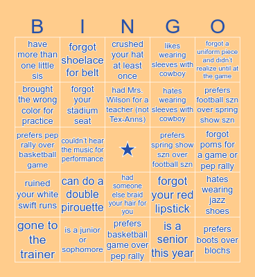 Dance Team BINGO Card